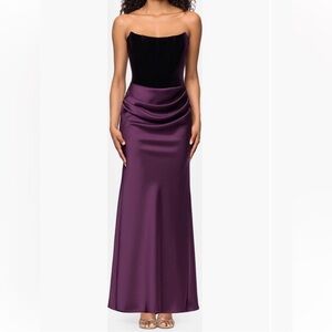 Betsy & Adam Strapless Velvet & Satin Maxi Dress Gown Purple Size 12